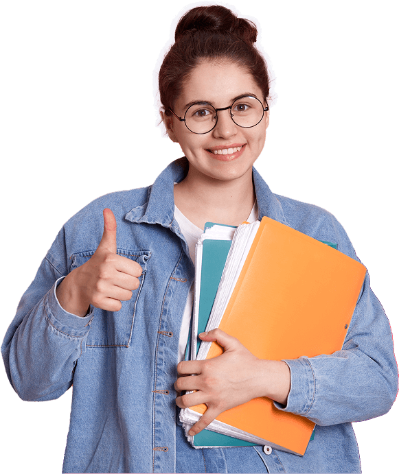 A smiling student holding folders, ready for class